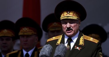 Belarusian President Alexander Lukashenko gives a speech during a military parade that marked the 75th anniversary of the allied victory over Nazi Germany, in Minsk, Belarus, May 9, 2020. (AP Photo)