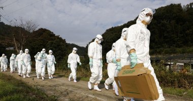 Officials in protective suits head to a poultry farm for a suspected bird flu case in Higashikagawa, western Japan, Nov. 8, 2020. (Kyodo via Reuters)