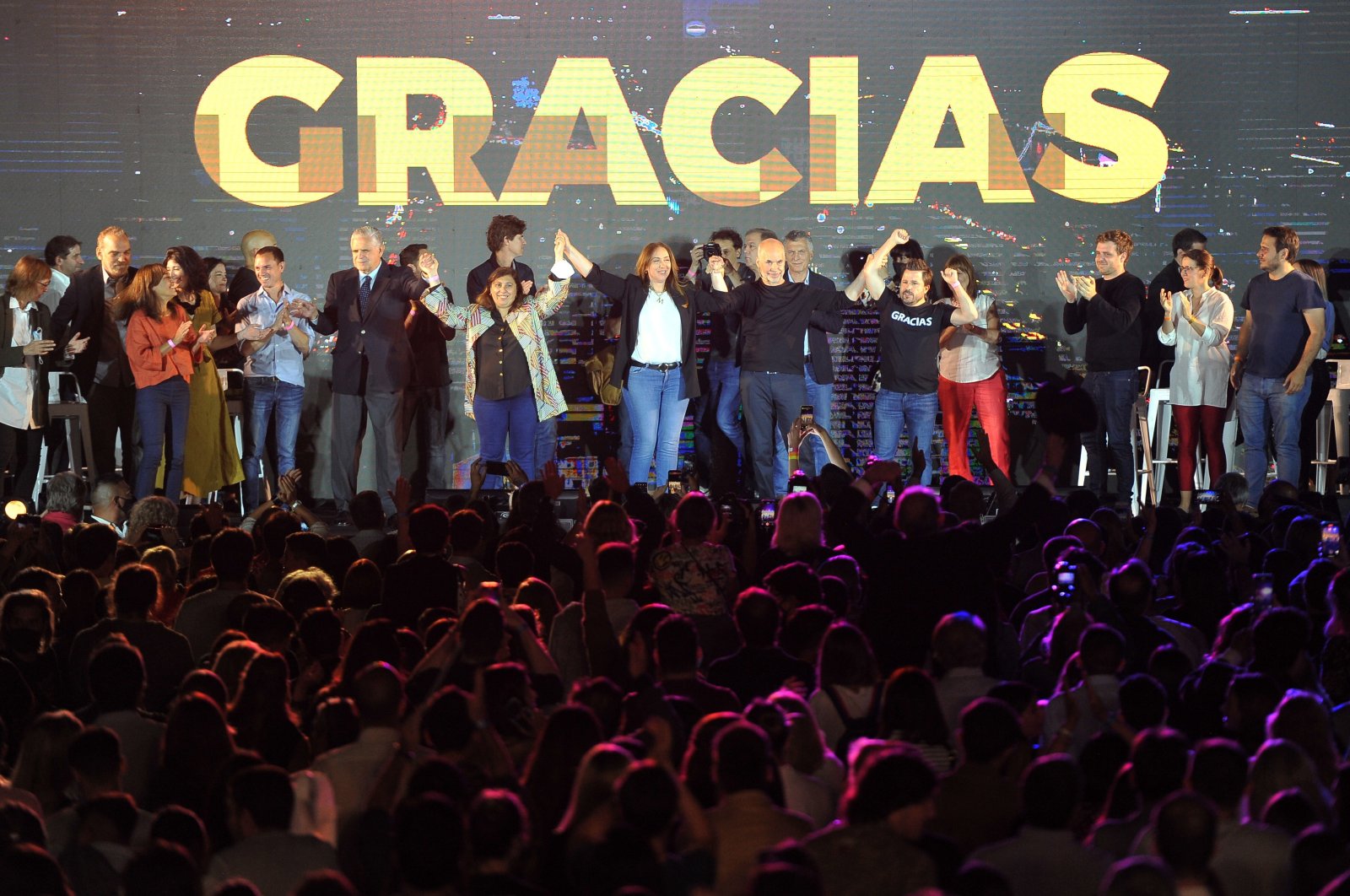 Members of Juntos por el Cambio (Together for Change) celebrate having won the legislative elections in the main districts of the country, in Buenos Aires, Argentina, Nov. 14, 2021.  (EPA Photo)