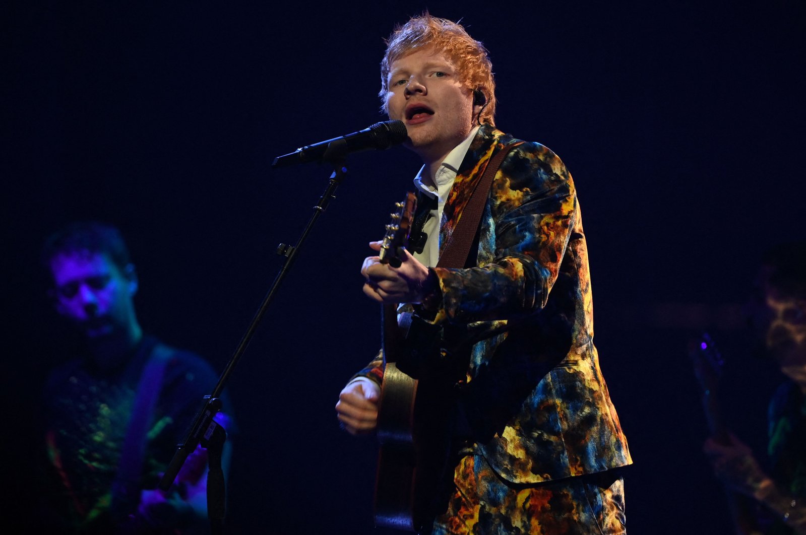 English singer-songwriter Ed Sheeran performs on stage during the MTV Europe Music Awards at the Laszlo Papp Budapest Sports Arena in Budapest, Hungary, Nov. 14, 2021. (AFP)