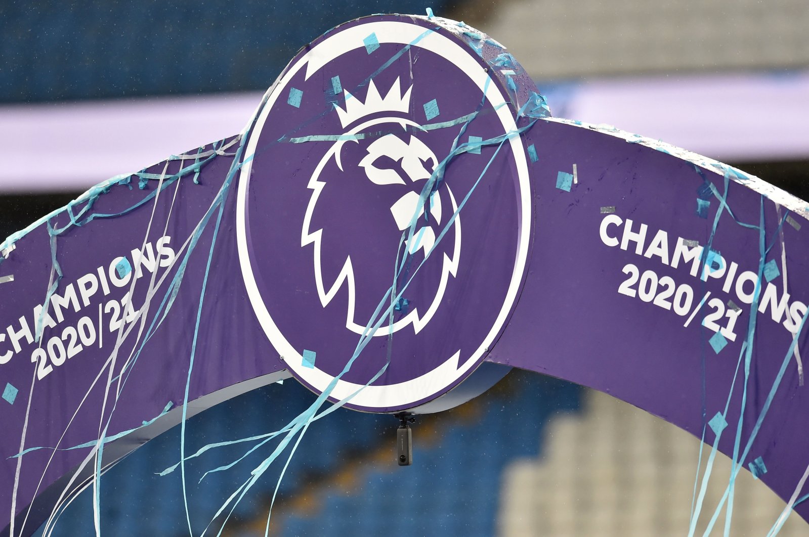 The Premier League logo is seen on the trophy presentation, Manchester, Britain, May 23, 2021. (Reuters Photo)
