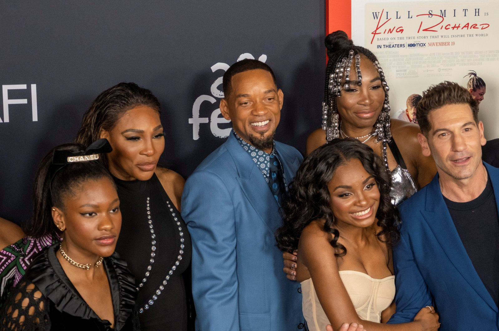 From left to right, Demi Singleton, Serena Williams, Will Smith, Saniyya Sidney, Venus Williams and Jon Bernthal attend the 2021 AFI Fest Closing Night Premiere screening for &quot;King Richard&quot; at TCL Chinese Theatre in Los Angeles, California, U.S., Nov. 14, 2021. (Reuters Photo)