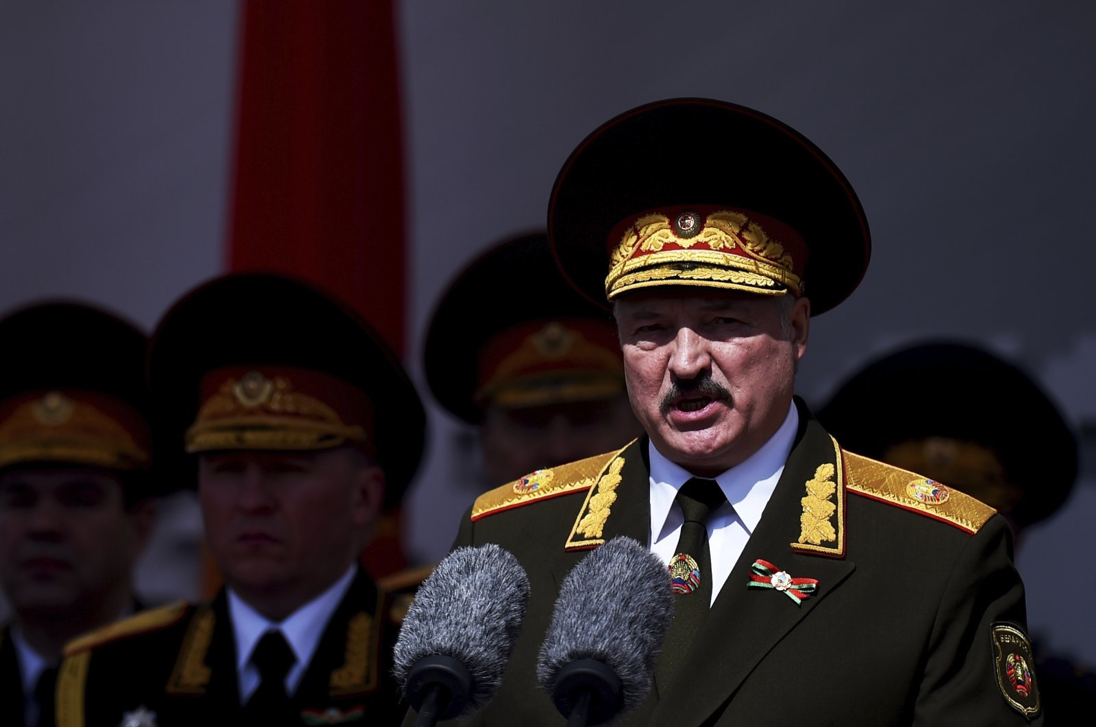 Belarusian President Alexander Lukashenko gives a speech during a military parade that marked the 75th anniversary of the allied victory over Nazi Germany, in Minsk, Belarus, May 9, 2020. (AP Photo)