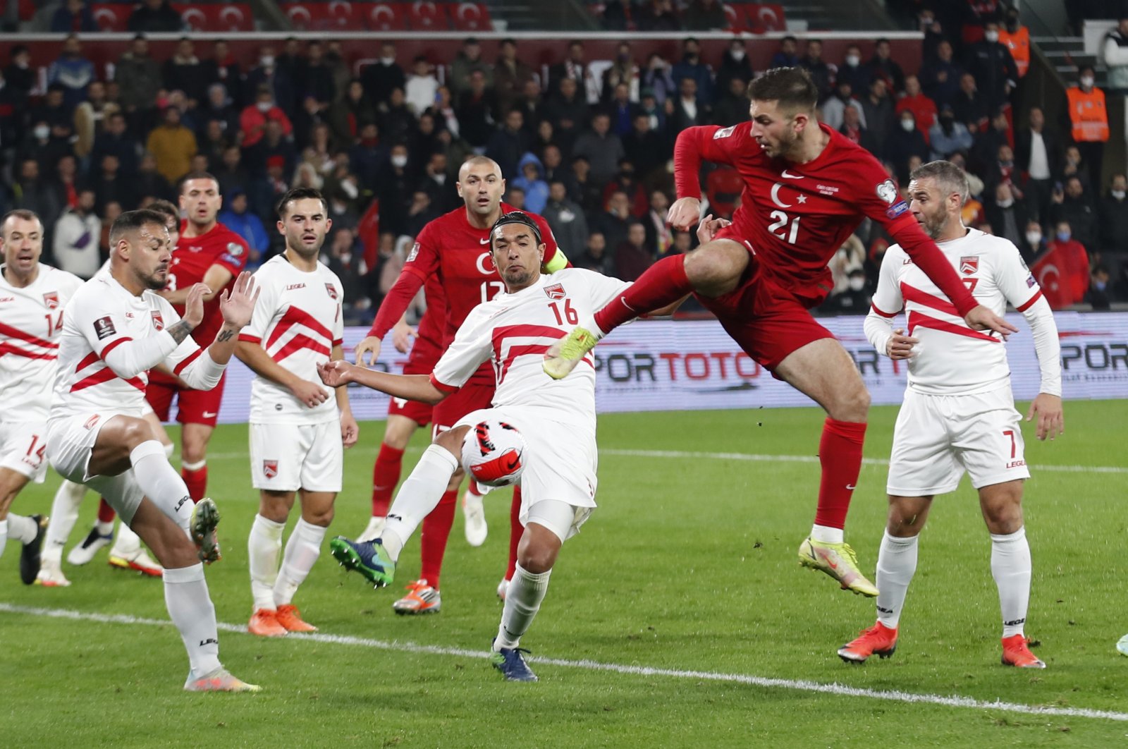 Turkey&#039;s Halil Dervişoğlu (R) in action with Gibraltar&#039;s Aymen Mouelhi, during the World Cup qualifier, in Istanbul, Turkey, Nov. 13, 2021. (REUTERS PHOTO) 