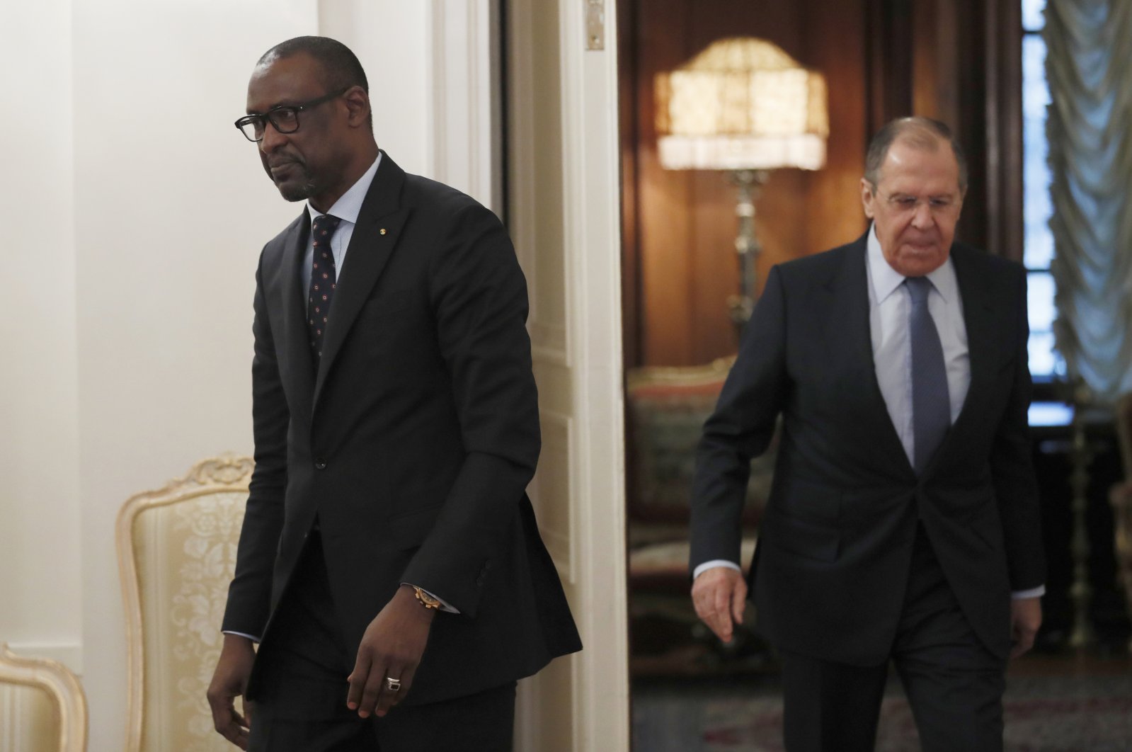 Russia&#039;s Foreign Minister Sergei Lavrov and Mali&#039;s Minister of Foreign Affairs and International Cooperation Abdoulaye Diop enter a hall during a meeting in Moscow, Russia, Nov. 11, 2021. (Reuters Photo)