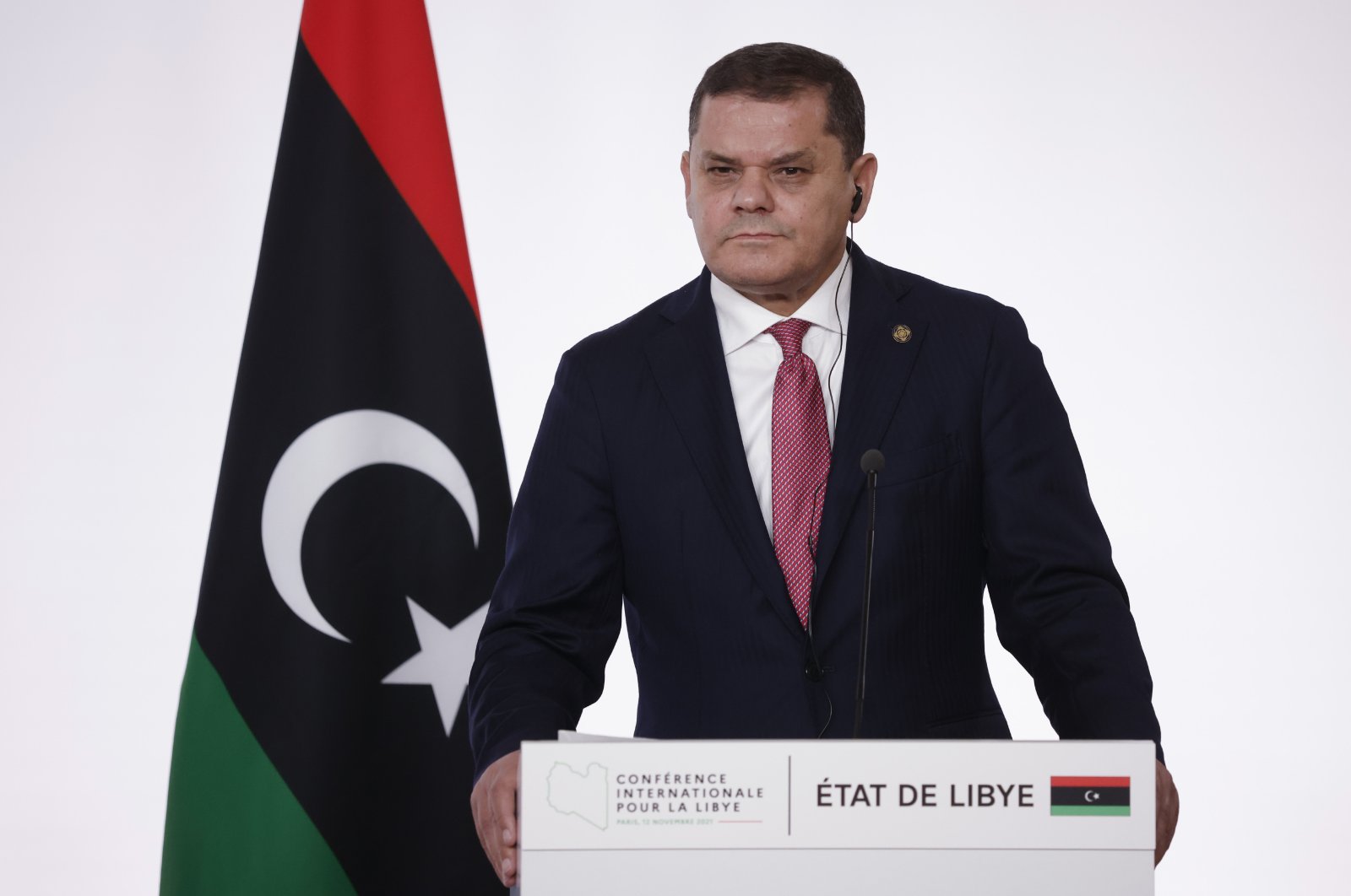 Libyan Prime Minister Abdul Hamid Mohammed Dbeibah during a press conference following a summit on Libya in Paris, France, Nov. 12, 2021. (AP Photo)