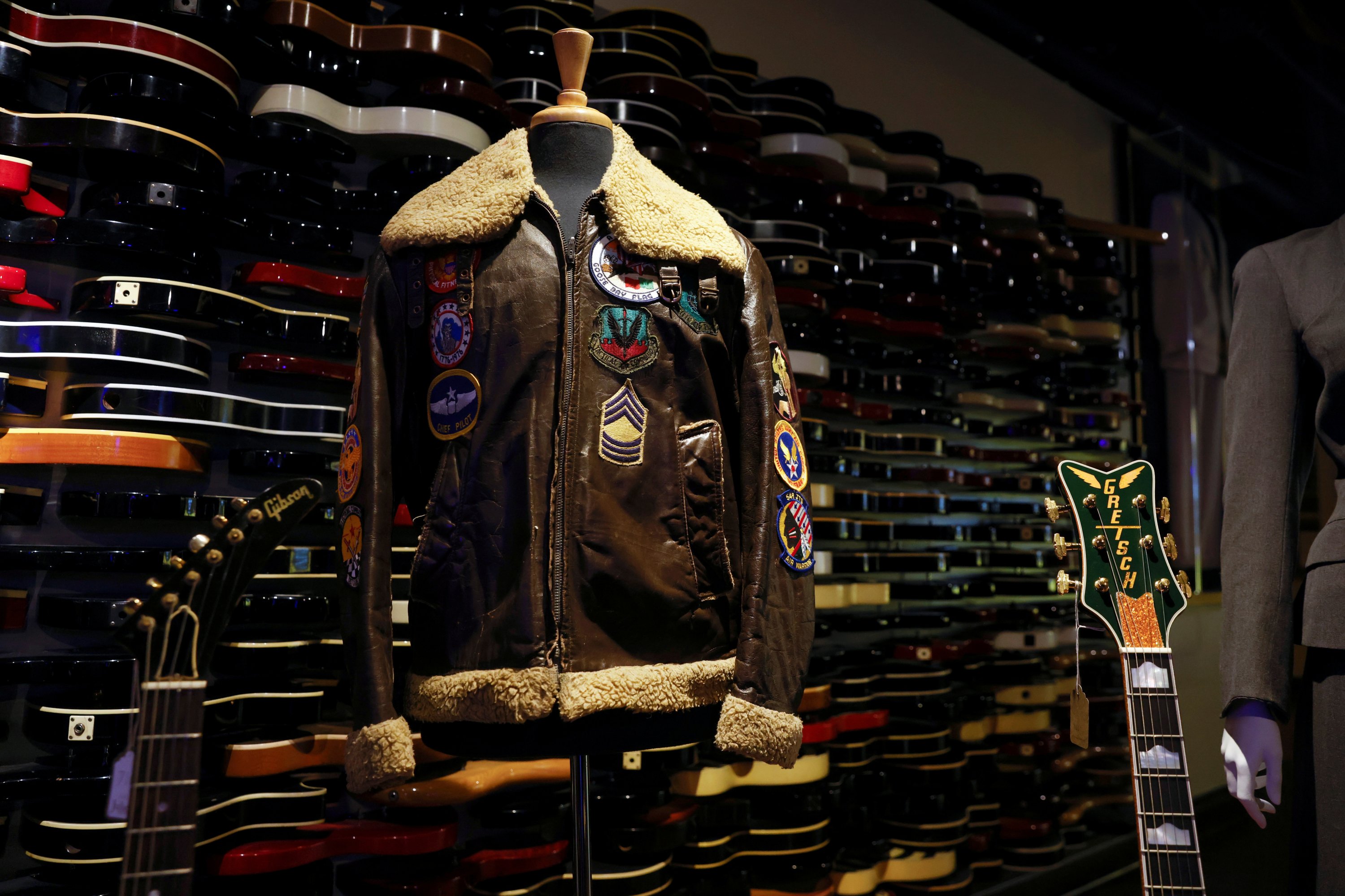 A World War II Pilot Jacket is worn by Michael Jackson sits on display at Julien's Auctions and Public Exhibition media preview at the Hard Rock Cafe at Times Square in New York City, U.S., Nov. 15, 2021. (REUTERS Photo)