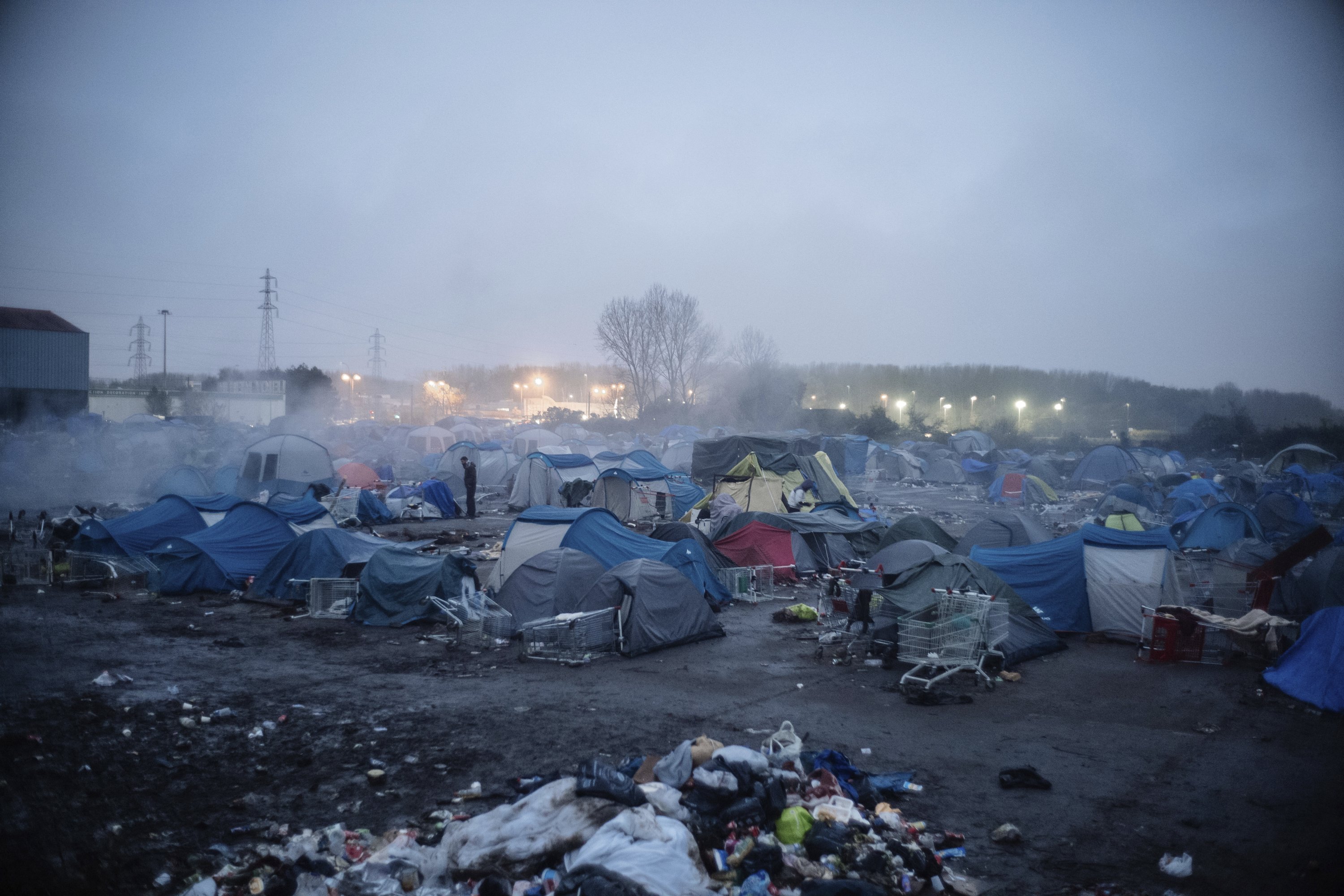 A migrants makeshift camp is pictured before its evacuation in Grande-Synthe, northern France, Nov. 16, 2021. (AP Photo)