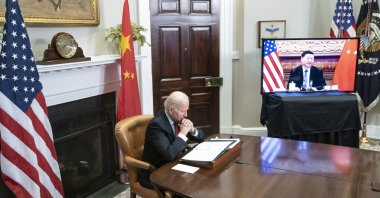 U.S. President Joe Biden listens during a virtual summit with Chinese President Xi Jinping in the Roosevelt Room of the White House in Washington, U.S., Nov. 15, 2021. (EPA Photo)