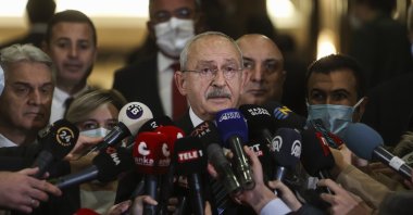 Main opposition Republican People's Party (CHP) Chair Kemal Kılıçdaroğlu speaks to reporters after a meeting in the capital Ankara, Turkey, Nov. 15, 2021. (AA Photo)