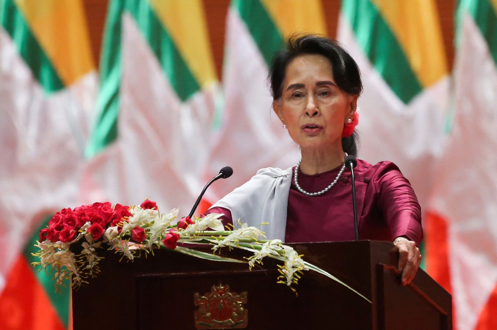 Ousted Myanmar leader Aung San Suu Kyi delivers a national address in Naypyidaw, Myanmar, Sept. 19, 2017. (AFP Photo)