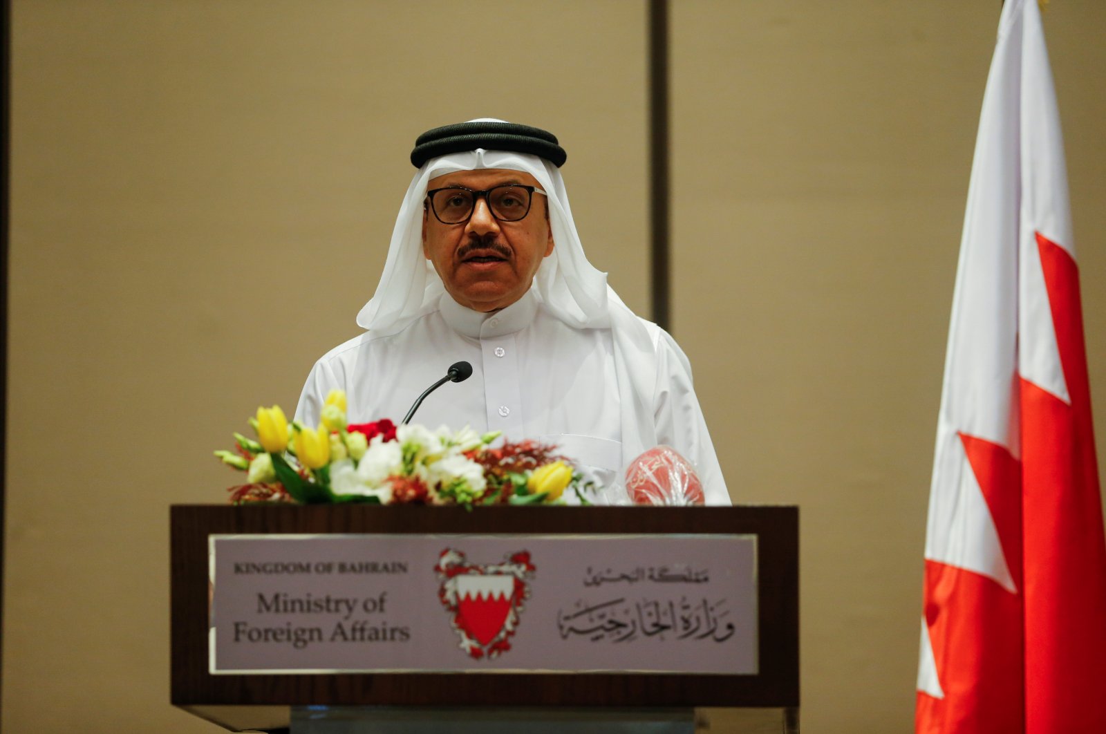 Bahrain Foreign Minister Abdullatif Bin Rashid Alzayani, speaks during a joint press conference with U.S. Special Representative for Iran Brian Hook, (not pictured), in Manama, Bahrain, June 29, 2020. (REUTERS Photo)