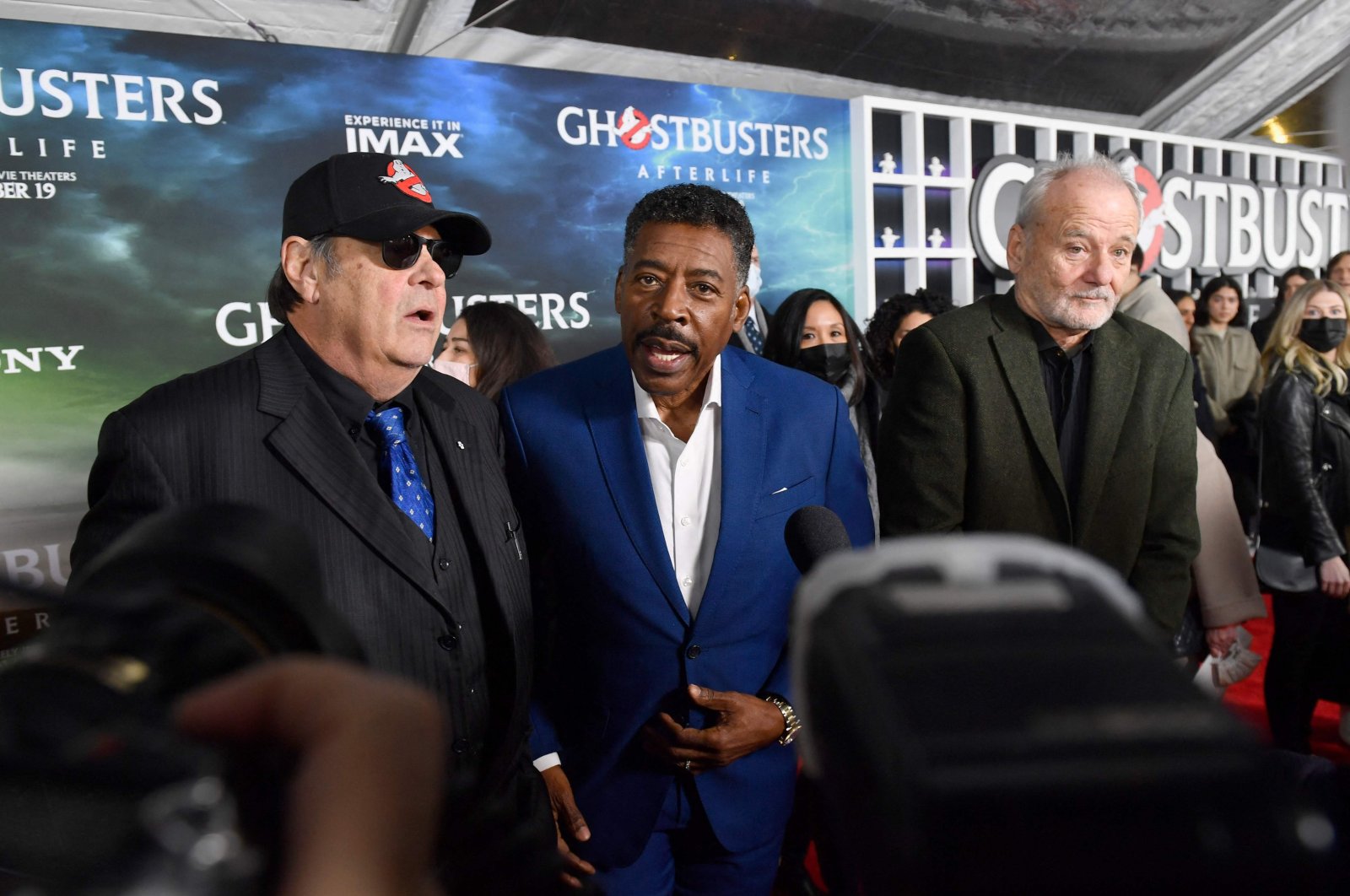 Actors Bill Murray (R), Ernie Hudson (C) and Dan Aykroyd attend the &quot;Ghostbusters: Afterlife&quot; New York premiere at AMC Lincoln Square, in New York City, U.S., Nov. 15, 2021. (AFP Photo)