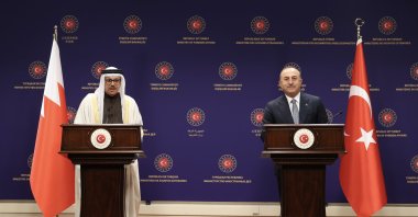 Foreign Minister Mevlüt Çavuşoğlu holds a joint press conference with his Bahraini counterpart Abdullatif bin Rashid Alzayani in the capital Ankara, Turkey, Nov. 17, 2021. (AA Photo)