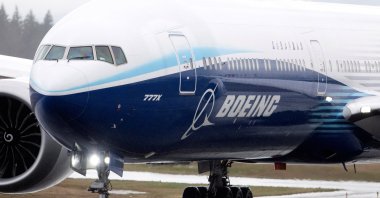A Boeing 777X airplane taxis during an attempted first test flight from the company's plant in Everett, Washington, U.S., Jan. 24, 2020. (Reuters Photo)