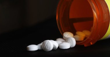 This photo shows an arrangement of Oxycodone pills in New York, U.S., Aug. 29, 2018. (AP Photo/Mark Lennihan)