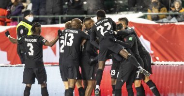 Canada players celebrate a goal against Mexico during a FIFA World Cup qualifying soccer match against Canada, in Edmonton, Alberta, Nov. 16, 2021. (AP Photo)
