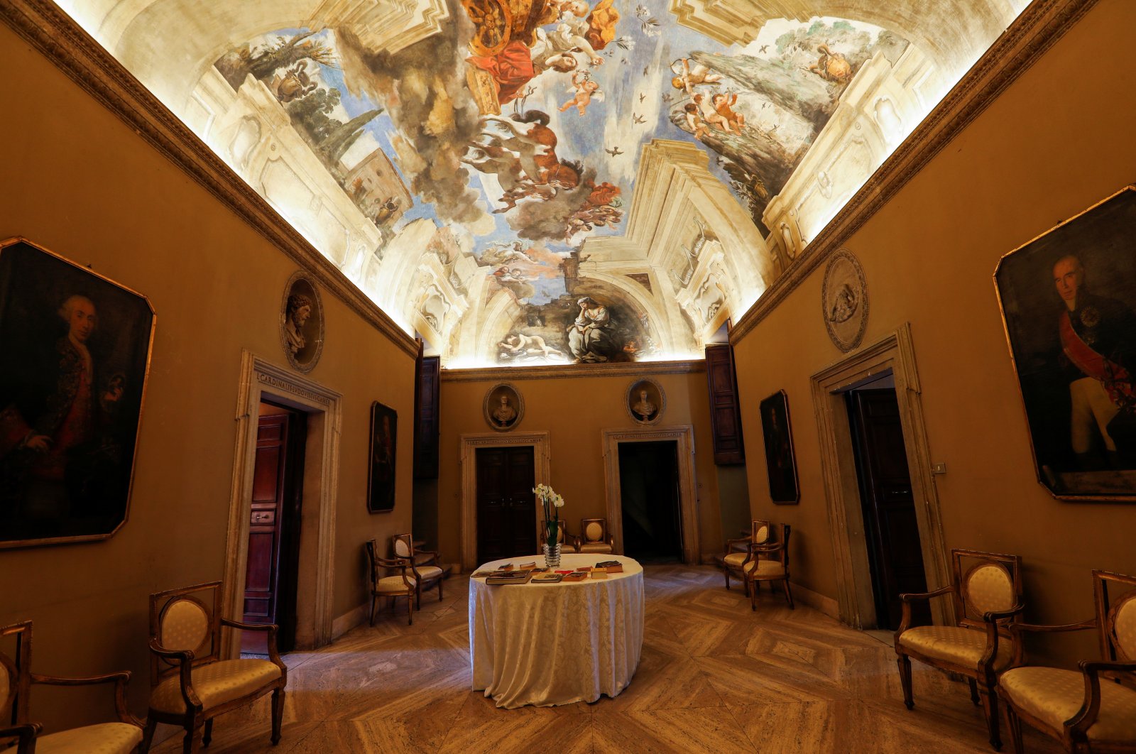 A general view shows a room, with frescoes on the ceiling by Guercino, inside Villa Aurora, in Rome, Italy, Nov. 16, 2021. (REUTERS)
