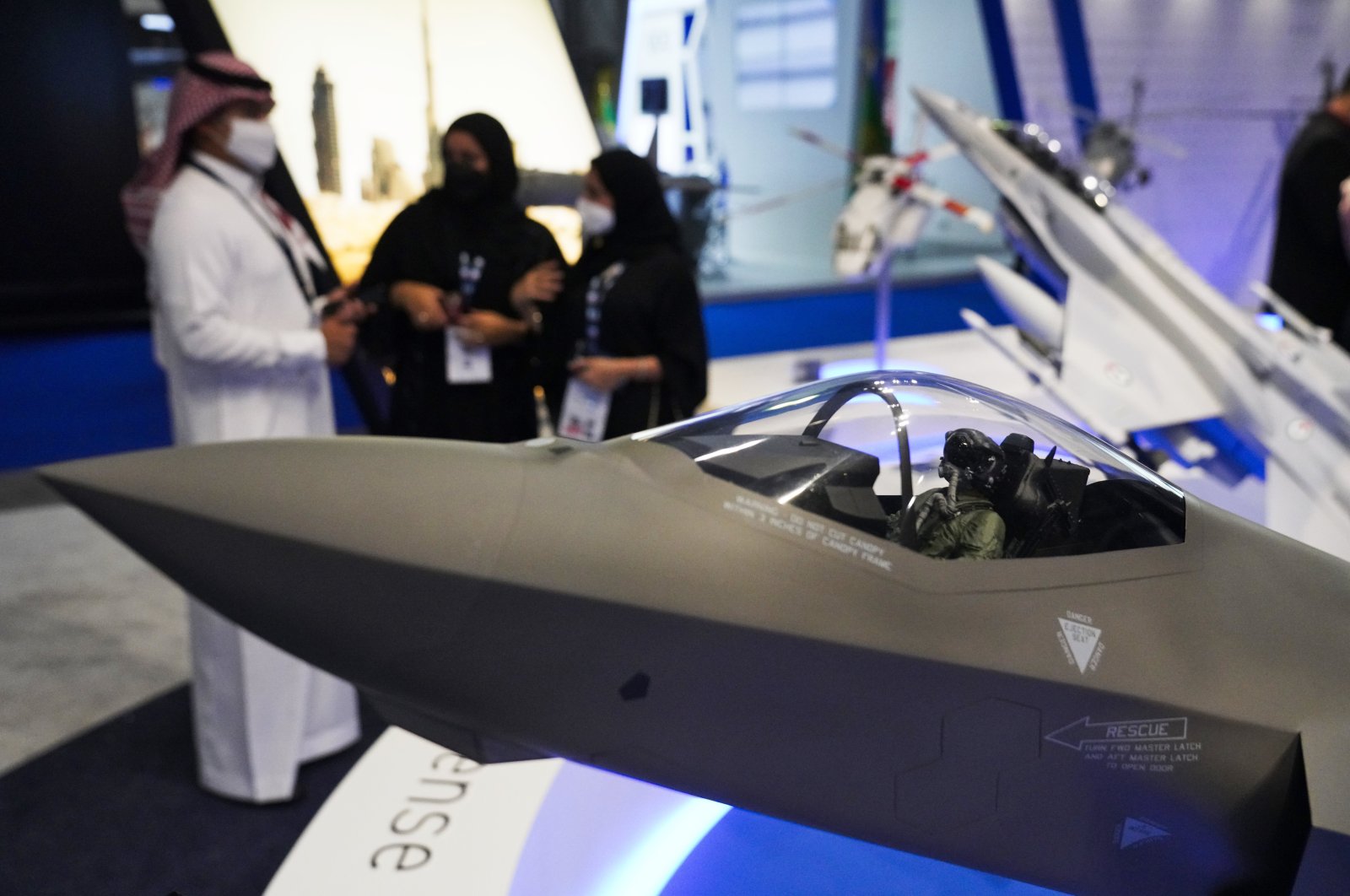 A model F-35 stealth fighter jet is on display at the Lockheed Martin stand at the Dubai Air Show in Dubai, United Arab Emirates, Tuesday, Nov. 16, 2021. (AP Photo)