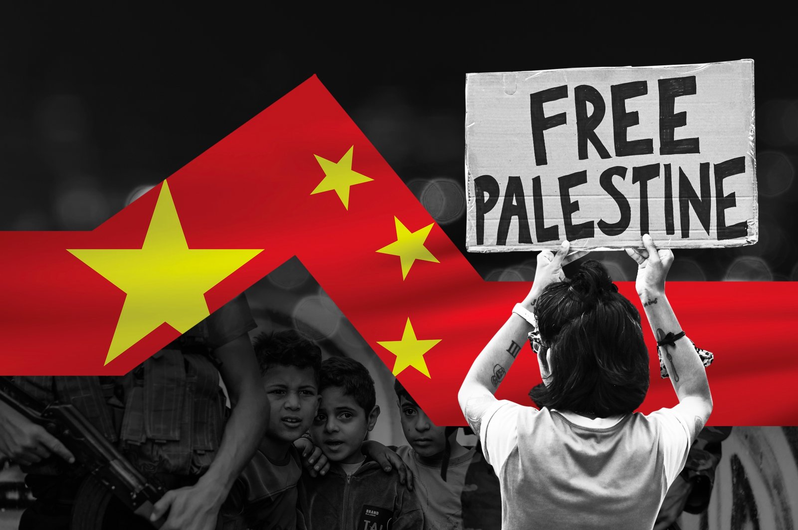 A photo illustration by Daily Sabah&#039;s Büşra Öztürk shows a protester holding a banner with &quot;Free Palestine&quot; as the Chinese flag is seen in the background.