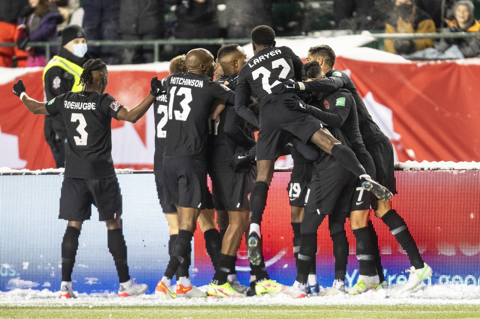 Canada players celebrate a goal against Mexico during a FIFA World Cup qualifying soccer match against Canada, in Edmonton, Alberta, Nov. 16, 2021. (AP Photo)
