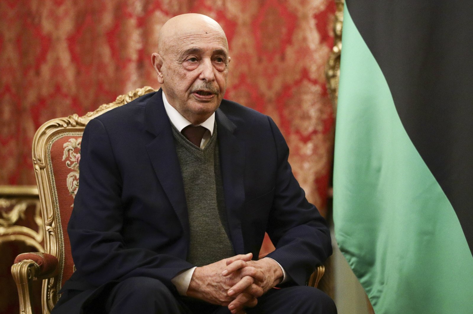 Libya&#039;s Parliament Speaker Aguila Saleh speaks to Russian Foreign Minister Sergey Lavro during their talks in Moscow, Russia, Nov. 24, 2020. (Russian Foreign Ministry Press Service via AP)