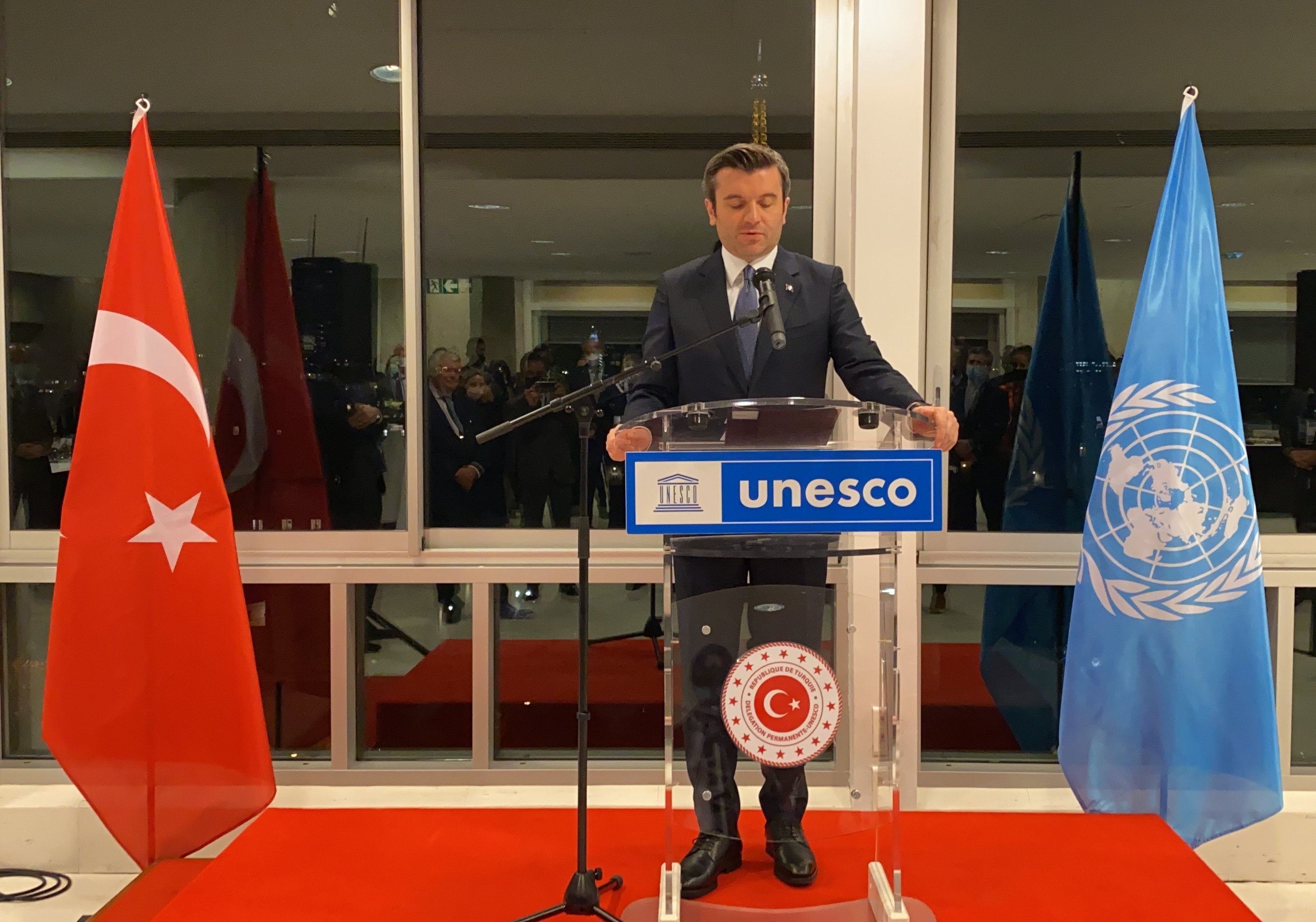 Deputy Minister of Foreign Affairs Yavuz Selim Kıran speaks at the UNESCO Headquarters at World Heritage Center, Paris, France, Nov. 17, 2021. (AA Photo)