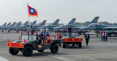 Taiwanese President Tsai Ing-wen oversees the commission of the first squadron of the upgraded F-16V fighters in Chiayi Air Force Base, Taiwan, Nov. 18, 2021. (Taiwan Presidential Office via Reuters Photo)