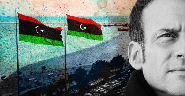 A photo illustration by Daily Sabah&#039;s Büşra Öztürk shows French President Emmanuel Macron as Libya&#039;s national flag is seen.