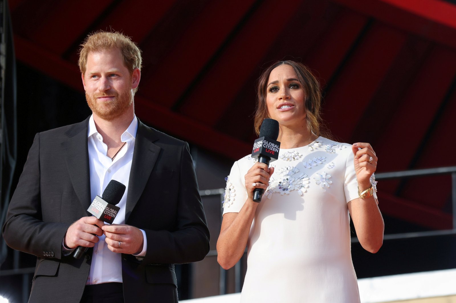 Britain&#039;s Prince Harry and Meghan Markle speak at the 2021 Global Citizen Live concert at Central Park in New York, U.S., Sept. 25, 2021. (Reuters Photo)