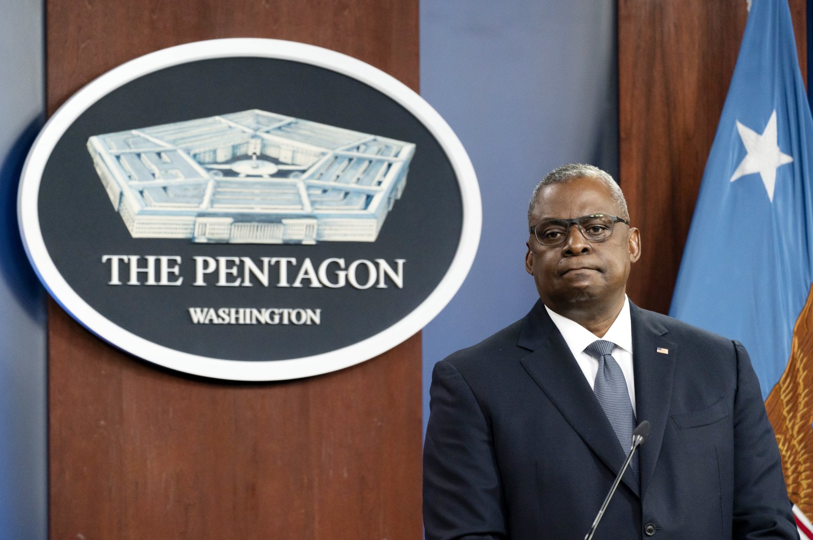 Secretary of Defense Lloyd Austin pauses while speaking during a media briefing at the Pentagon, in Washington, D.C., U.S., Nov. 17, 2021. (AP Photo)