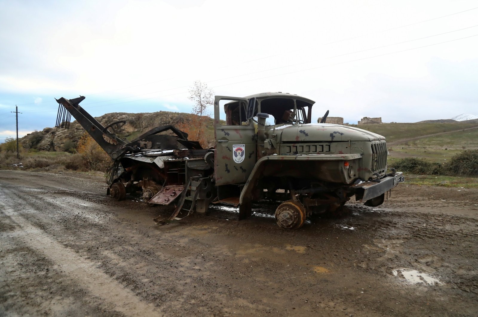 A damaged truck belonging to Armenian forces in an area that came under the control of Azerbaijan&#039;s troops following a military conflict over Nagorno-Karabakh, in Jabrayil District, Azerbaijan, December 7, 2020. (Reuters Photo)