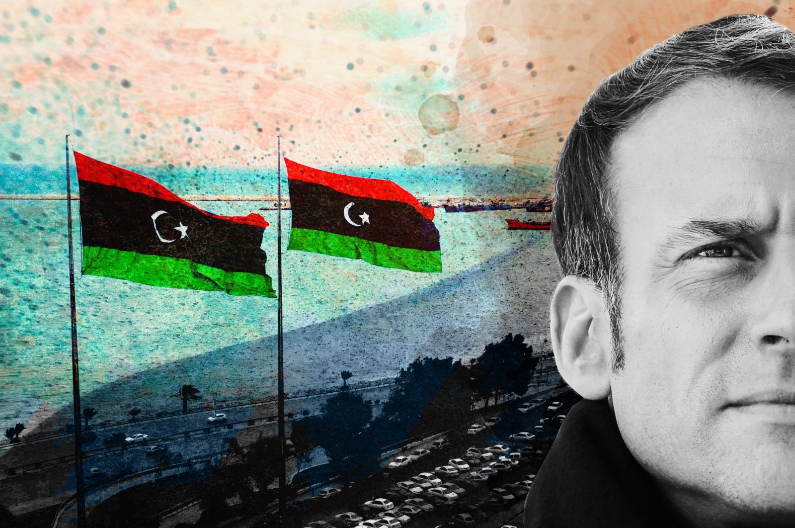 A photo illustration by Daily Sabah&#039;s Büşra Öztürk shows French President Emmanuel Macron as Libya&#039;s national flag is seen.