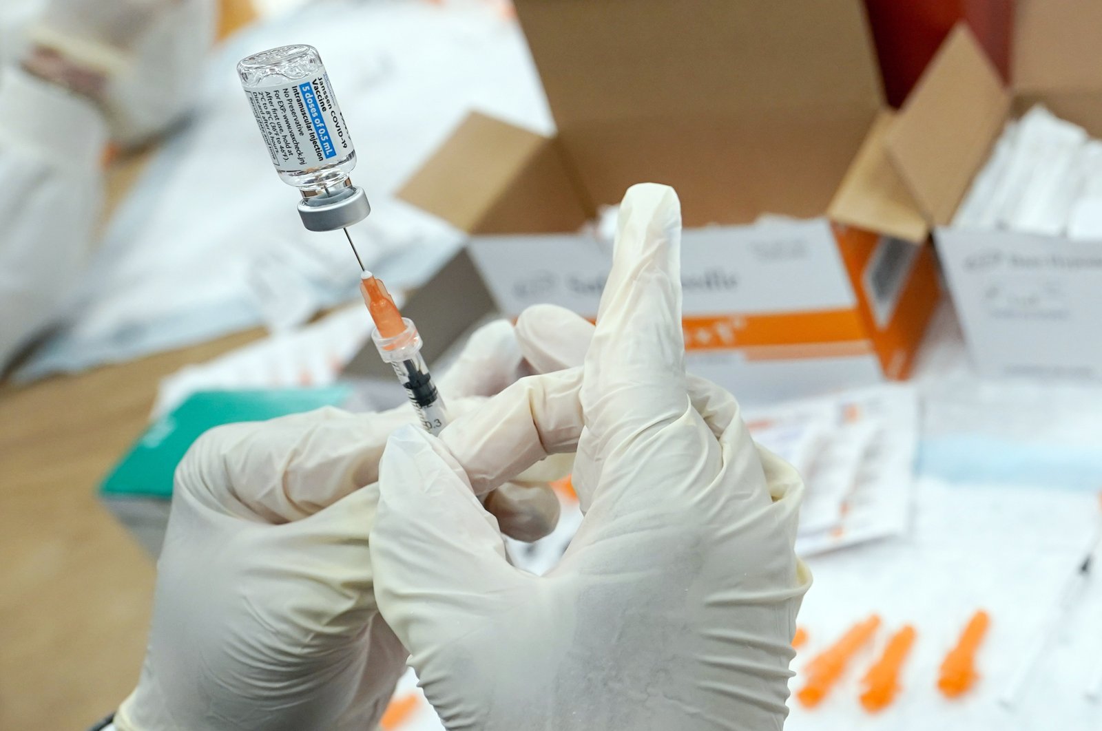 A registered nurse fills a syringe with the Johnson &amp; Johnson COVID-19 vaccine at a pop-up vaccination site in the Staten Island borough of New York, U.S., April 8, 2021. (AP File Photo)