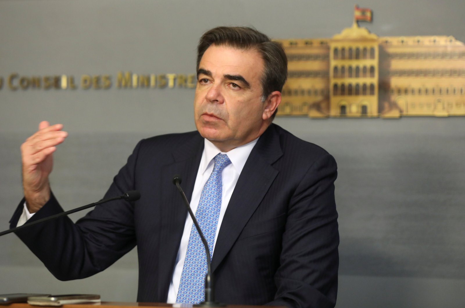 European Commission Vice President Margaritis Schinas gestures as he attends a press conference in Beirut, Lebanon, Nov. 12, 2021. (REUTERS Photo)