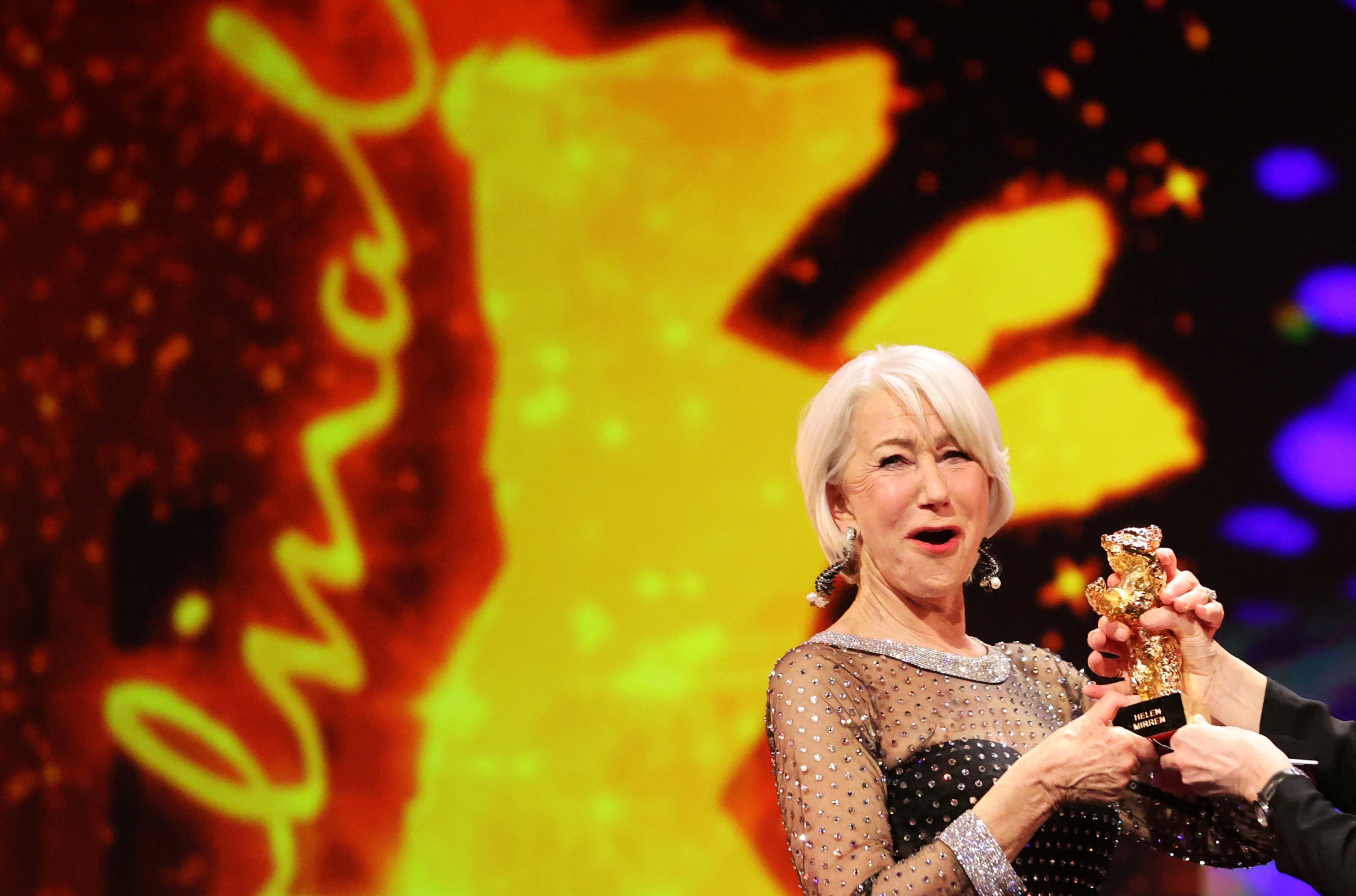Actor Helen Mirren accepts an Honorary Golden Bear award at the 70th Berlinale International Film Festival in Berlin, Germany, Feb. 27, 2020. (REUTERS)
