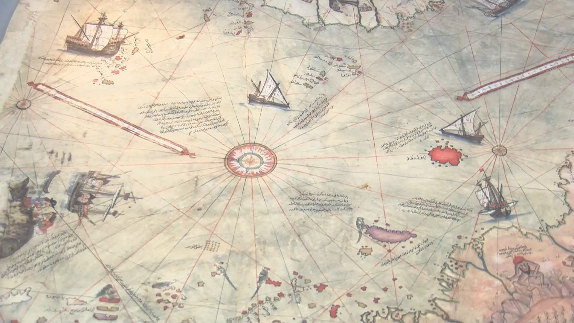 A close-up of the famous 1513 map by Ottoman admiral Piri Reis is seen on display at the Topkapı Palace Museum in Istanbul, Nov. 18, 2021. (DHA Photo)