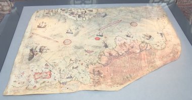 The famous 1513 map by Ottoman admiral Piri Reis is seen on display at the Topkapı Palace Museum in Istanbul, Nov. 18, 2021. (DHA Photo)