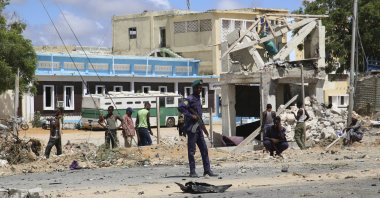 A Somali soldier guards the site of the bomb blast in Mogadishu Somalia, Wednesday April 28, 2021. (AP File Photo)
