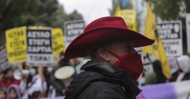 Dutch journalist Ingeborg Beugel (C), who questioned the country’s treatment of refugees and accused Greece of illegal pushbacks, attends a rally marking the 48th anniversary of a 1973 student uprising against the military junta, Athens, Greece, Nov. 17, 2021. (AA Photo)
