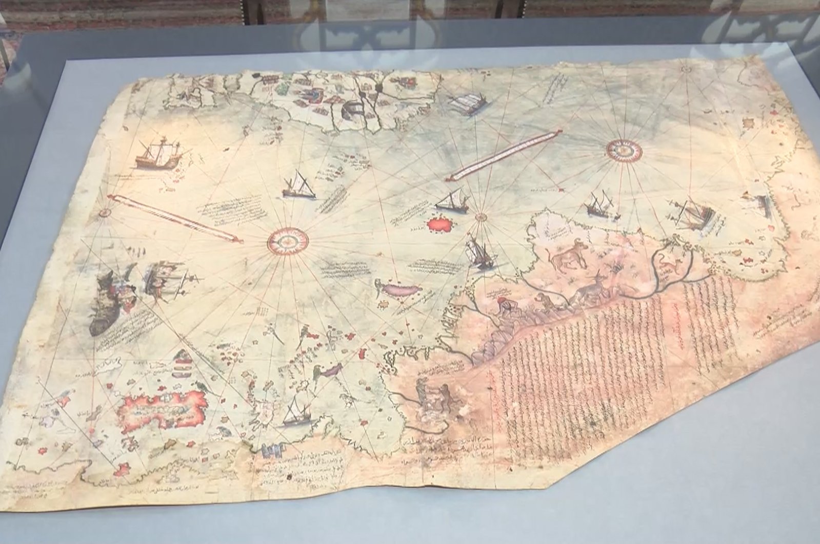 The famous 1513 map by Ottoman admiral Piri Reis is seen on display at the Topkapı Palace Museum in Istanbul, Nov. 18, 2021. (DHA Photo)