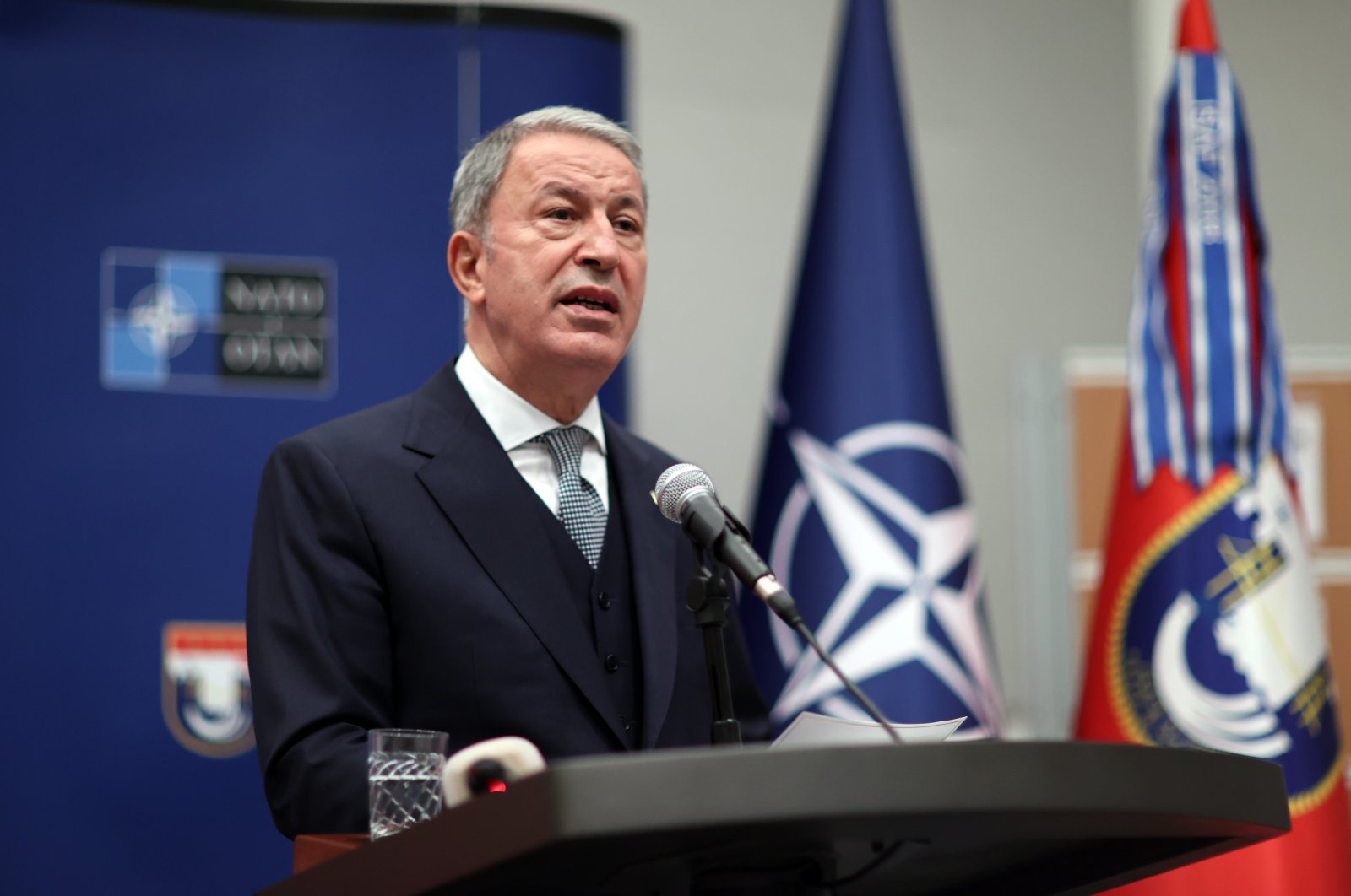 Defense Minister Hulusi Akar speaks after he followed the activities of the "Outstanding Observer Day" of the On Guard-2021 Exercise in the capital Ankara, Turkey, Nov. 19, 2021. (AA Photo)