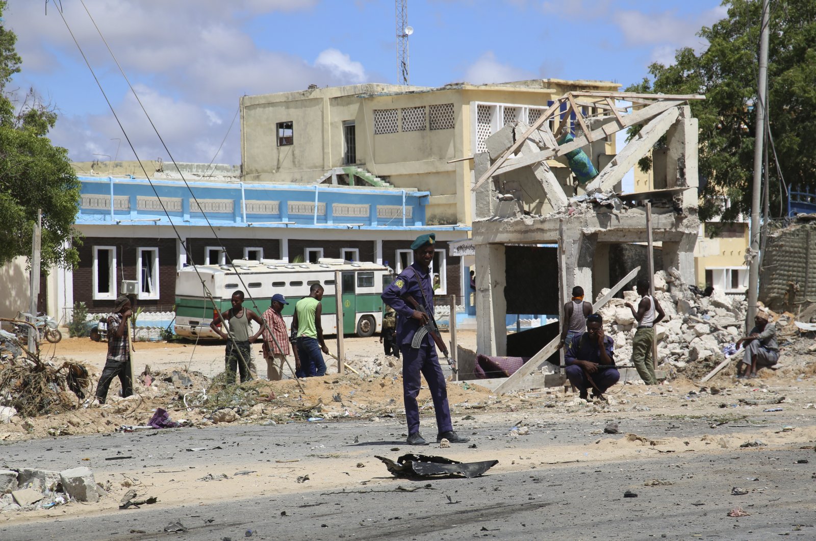 A Somali soldier guards the site of the bomb blast in Mogadishu Somalia, Wednesday April 28, 2021. (AP File Photo)
