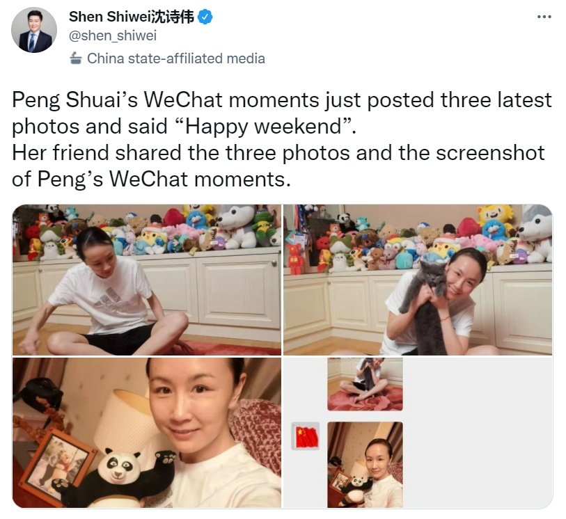 A Tweet from Chinese journalist Shen Shiwei's Twitter account allegedly showing recent photos of Chinese tennis player Peng Shuai, which have not been independently verified, are seen in this screen grab obtained via social media, Nov. 20, 2021. (Reuters Photo)