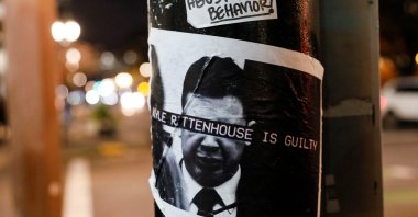 A street sign in protest to the full acquittal verdict of teenager Kyle Rittenhouse in his Wisconsin fatal shootings trial can be seen in Portland, Oregon, U.S., Nov. 19, 2021. (Reuters Photo)