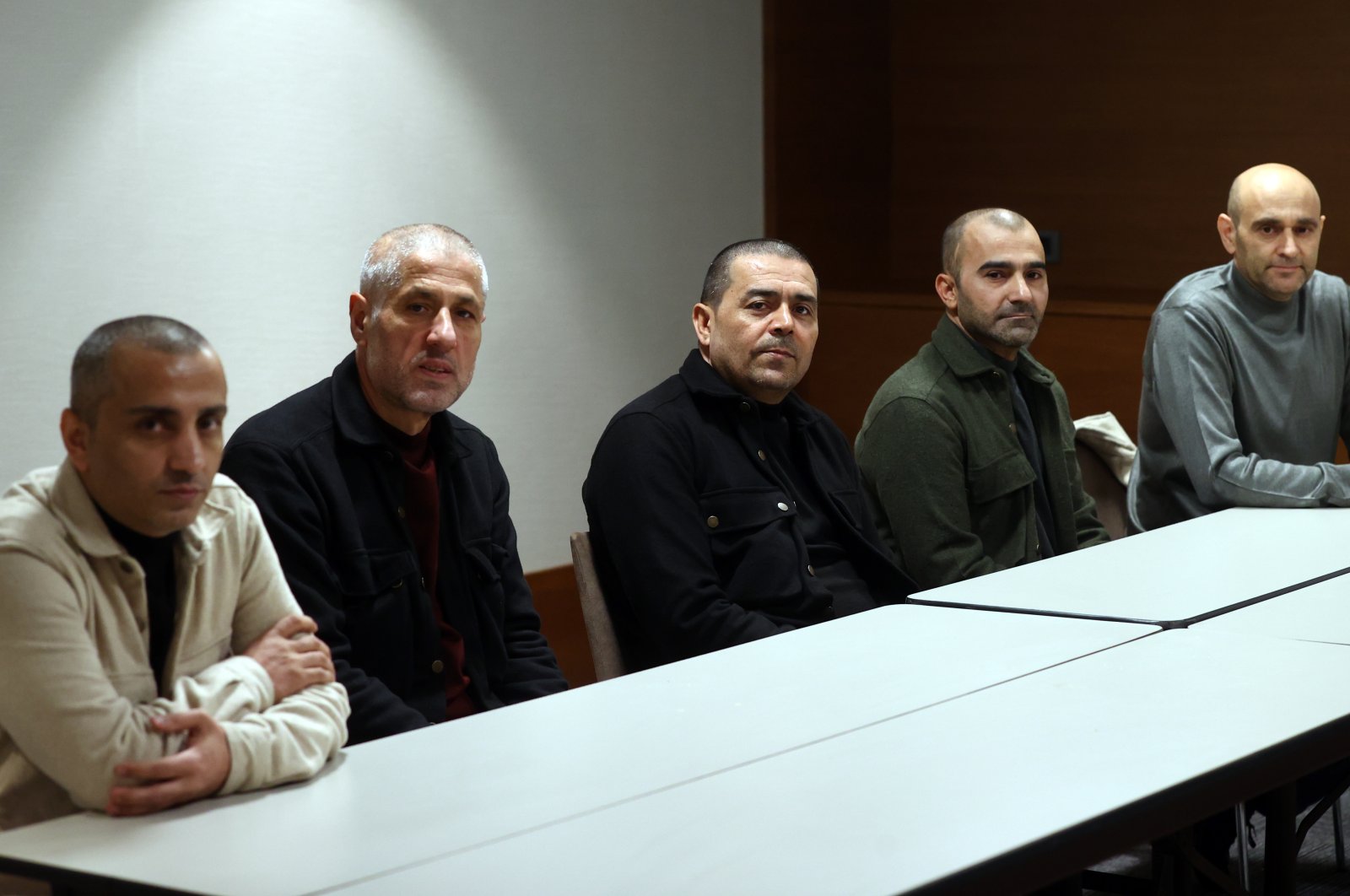 Doğan Kıssa (L), Halil Gözel (2L), Nurettin Çalık (C) , İlker Sağlık (2R) and Ahmet Selvi (R) sit down for an interview with Anadolu Agency (AA), in the capital Ankara, Turkey, Nov. 21, 2021. (AA PHOTO)