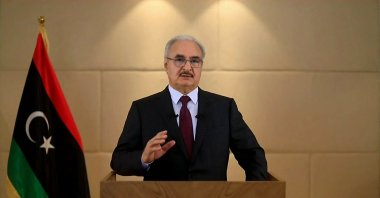 Putschist Gen. Khalifa Haftar announces his candidacy for next month's presidential election during a televised speech in this screengrab from Libya Alhadath TV on Nov. 16, 2021. (AFP Photo)