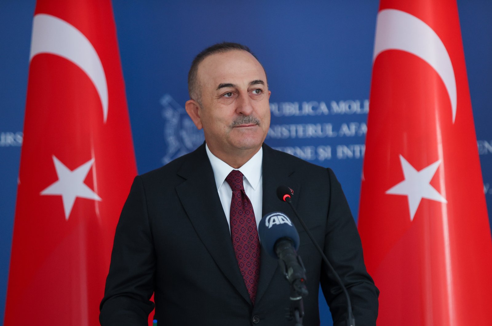 Foreign Minister Mevlüt Çavuşoğlu is seen during a press conference with his Moldovian counterpart Nicu Popescu (not pictured), in Kishinev, Moldova, Nov. 18, 2021. (AA Photo)