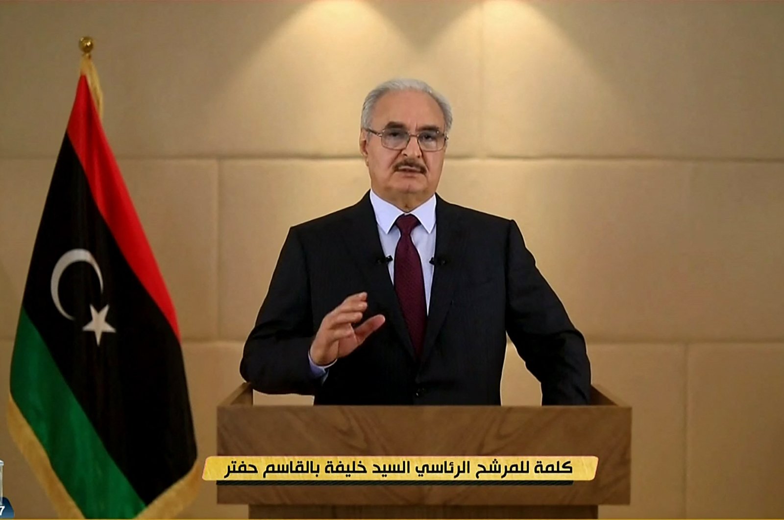 Putschist Gen. Khalifa Haftar announces his candidacy for next month&#039;s presidential election during a televised speech in this screengrab from Libya Alhadath TV on Nov. 16, 2021. (AFP Photo)