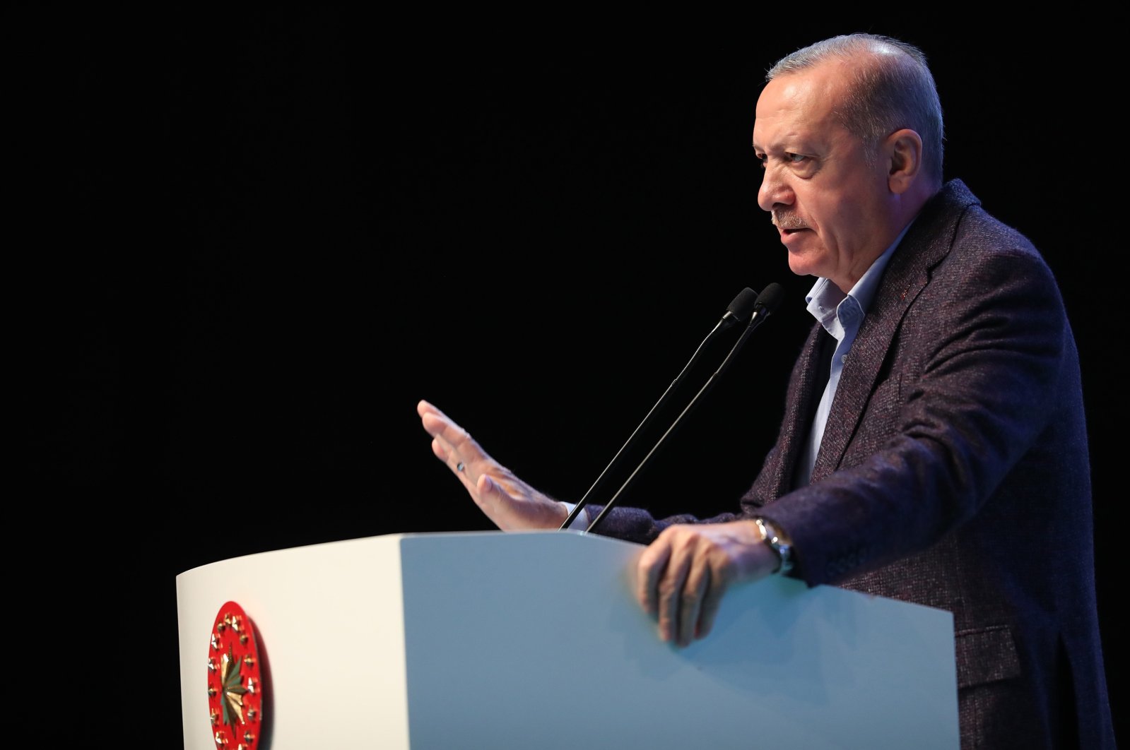 President Recep Tayyip Erdoğan speaks on stage, Istanbul, Turkey, Nov. 14, 2021. (IHA Photo)